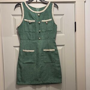 SHEIN Green Textured Mini Dress with Cream Trim